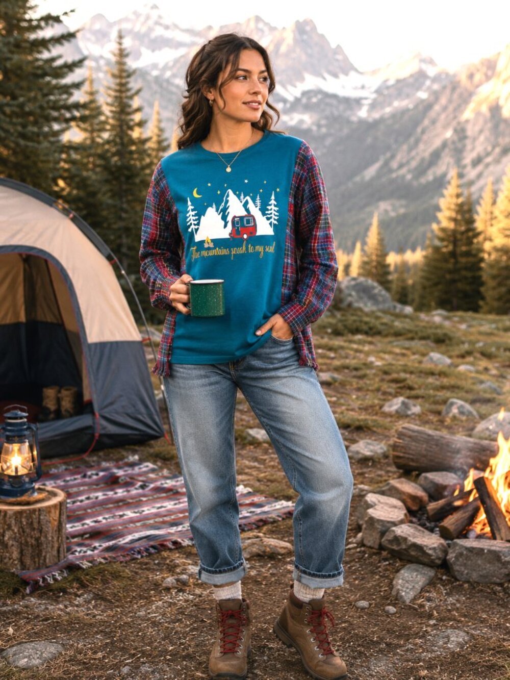 Upcycled Flannel Shirt, Reworked Oversized Mountain Camping Graphic Size L-2XL